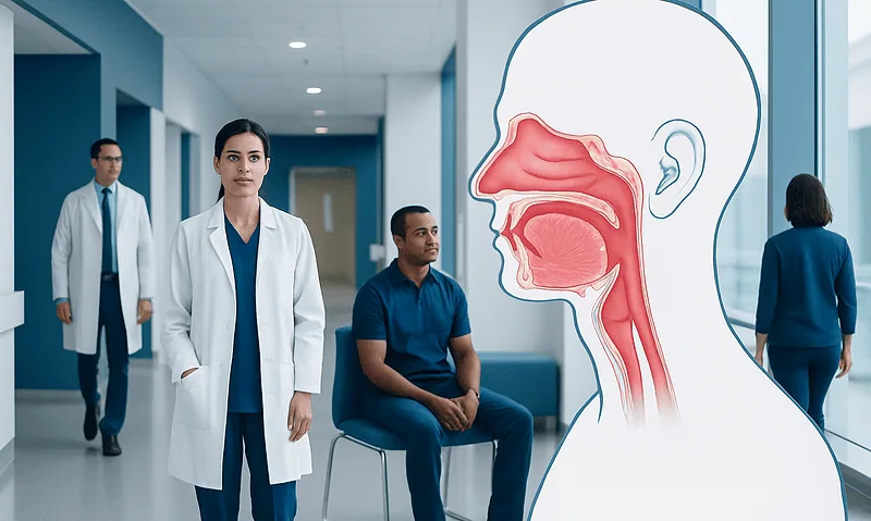 Medical professionals examining a diagram of the nasopharynx in a hospital corridor.