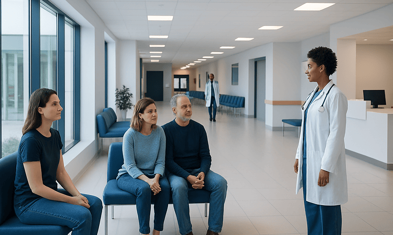 Navel: A Complete Medical Overview 4 Doctor consulting with patients in a modern hospital corridor.
