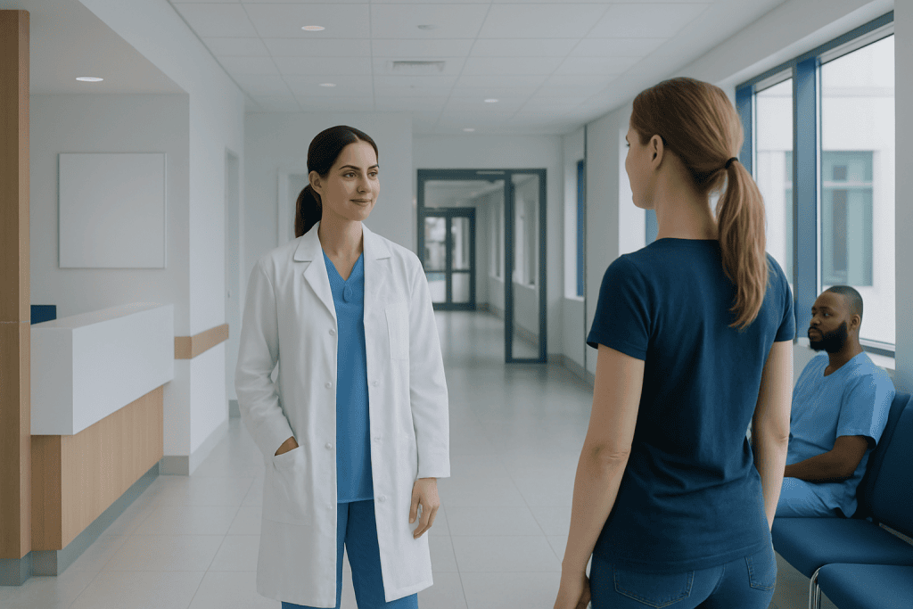 Neck and Nape: What Patients Need to Know 1 Medical consultation in a hospital corridor with healthcare professionals and patient.