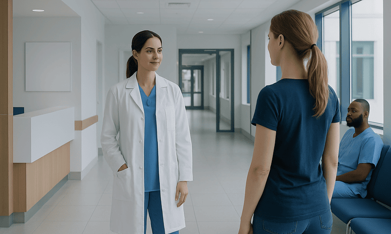 Medical consultation in a hospital corridor with healthcare professionals and patient.