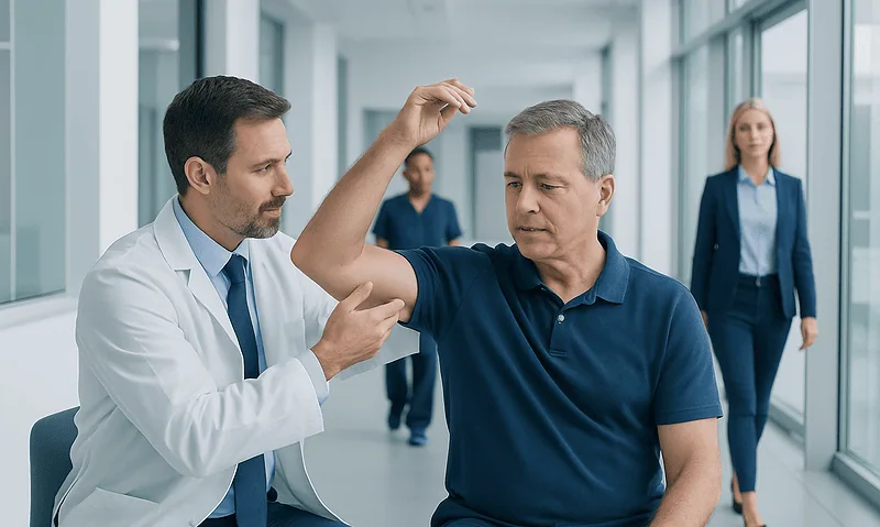 Doctor examining patient's shoulder in a hospital corridor.