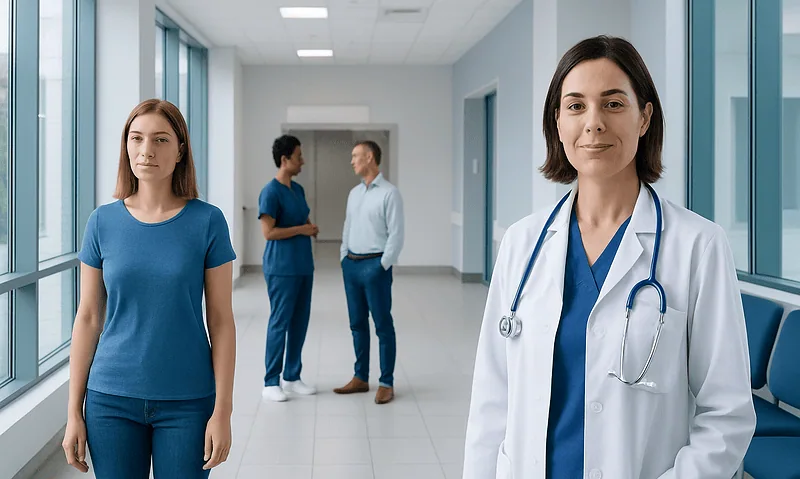 Medical professionals and patients in a hospital corridor at Acibadem Hospitals Group.