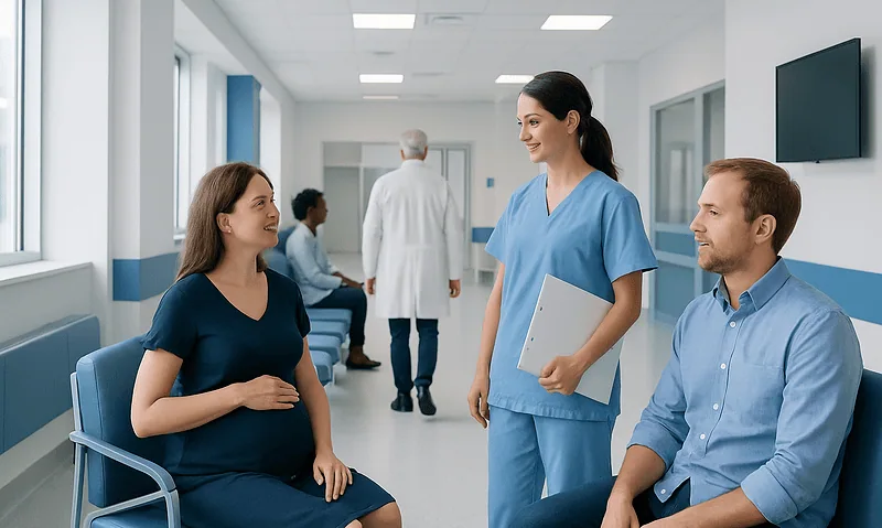 Pregnant woman consulting with healthcare professionals in a hospital corridor.