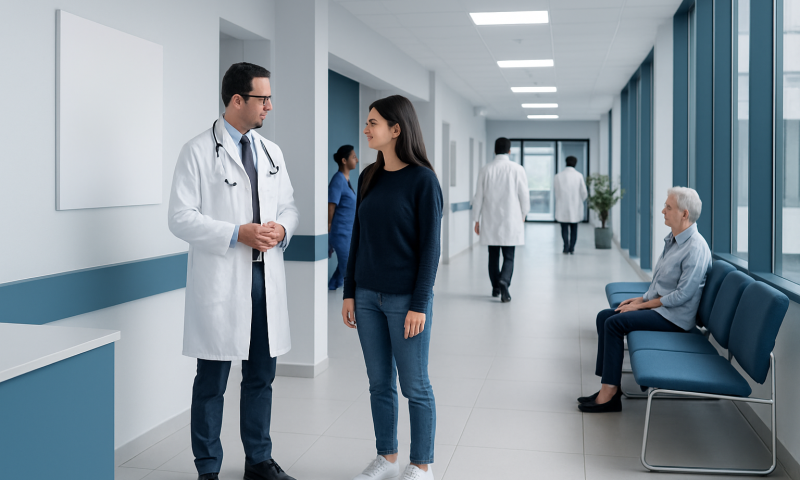 Doctor talking to a patient in a hospital corridor with other staff and patient seats.