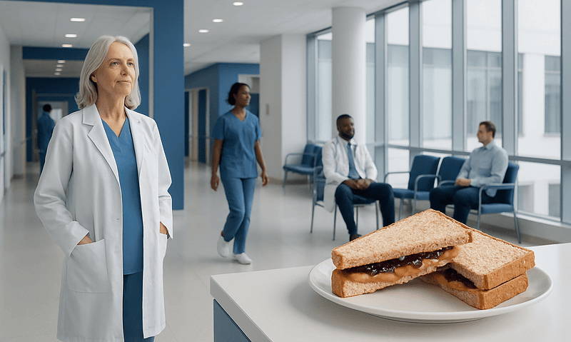 Doctor and staff in hospital corridor with peanut butter and jelly sandwich on table.
