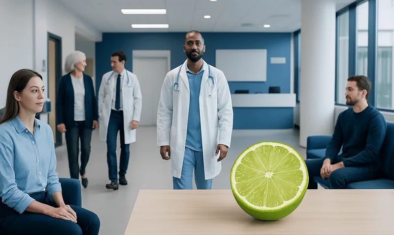 Doctor with a lime slice in a hospital setting for health benefits.