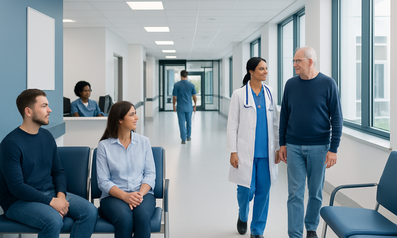 Hospital corridor with patients and medical staff engaging in conversation.