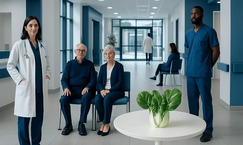 Hospital waiting area with medical staff and patients.
