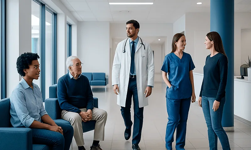 Medical team consulting with elderly patient in hospital lobby.
