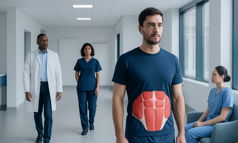 Patient with abdominal muscles illustration in hospital corridor.