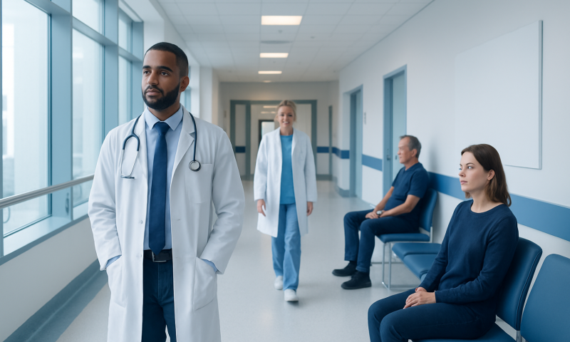 Medical professionals and patients in a hospital corridor.