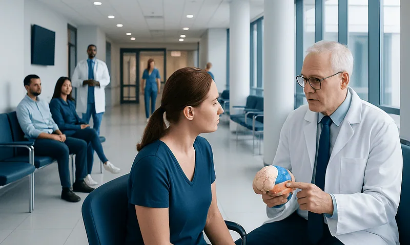 Doctor explaining brain anatomy to a patient in a hospital corridor.