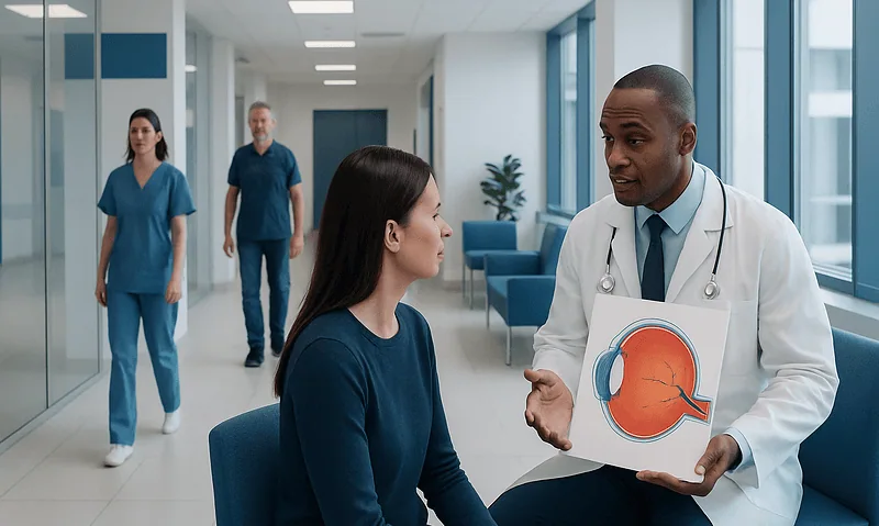 Ophthalmologist explains optic nerve health to patient in hospital corridor.