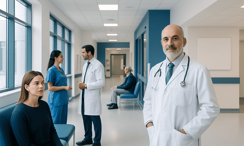 Medical professionals and patient in a hospital corridor.