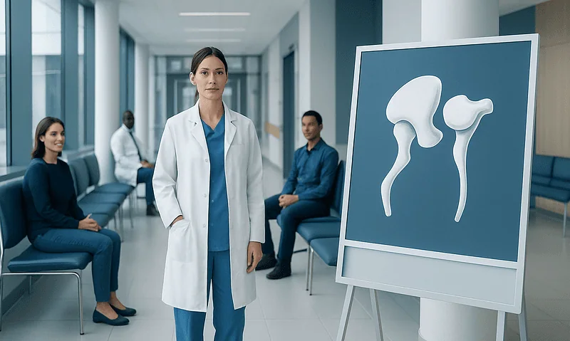 Medical professional explaining ossicles to patients in a hospital setting.