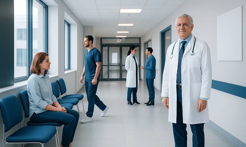 Medical professionals and patient in a hospital corridor at Acibadem Hospitals Group.