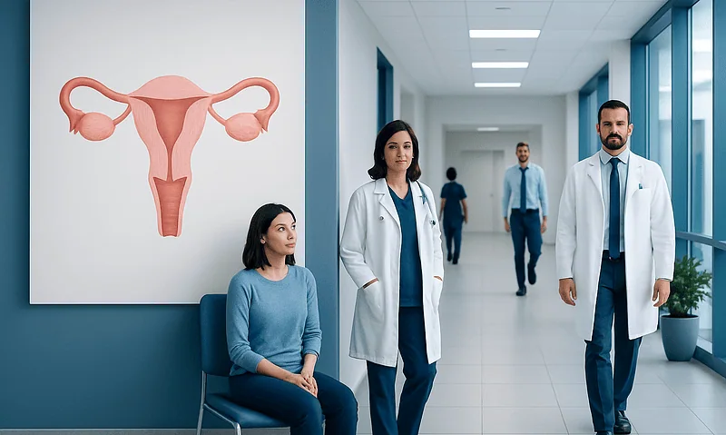 Medical professionals discussing ovarian health in a hospital corridor.