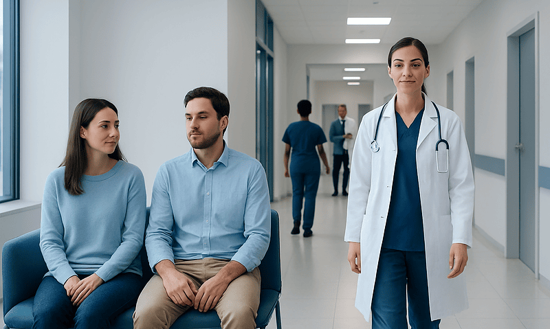 Medical consultation with a doctor and patients in a hospital corridor.