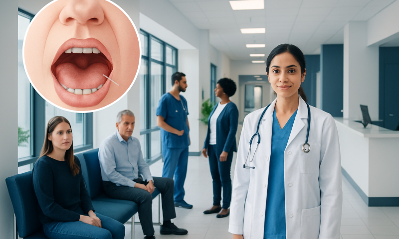 Doctor explaining throat examination to patients in hospital corridor.