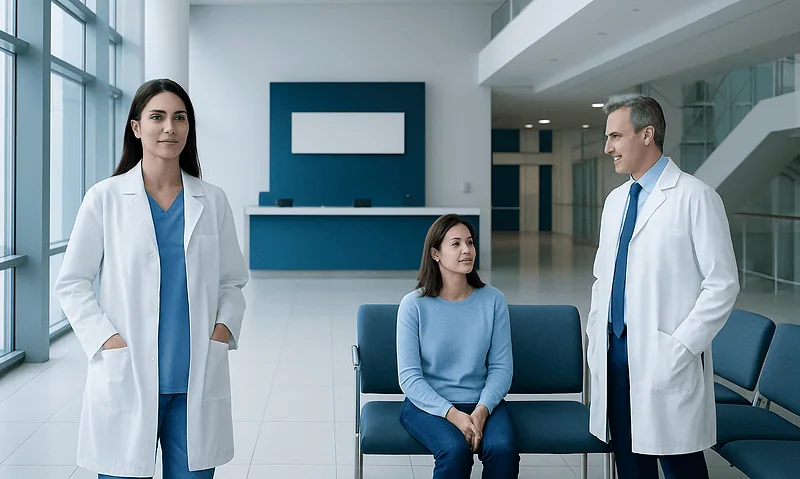 Medical consultation in a modern hospital lobby with doctors and patient.