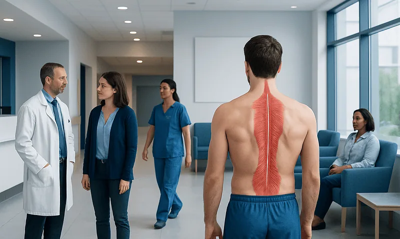 Medical consultation about back muscles in a hospital setting.