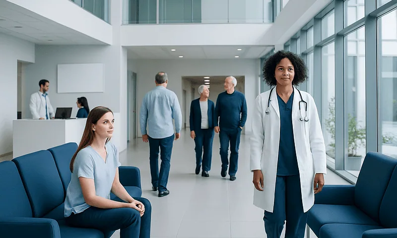 Modern hospital lobby with medical staff and patients in a bright, spacious setting.
