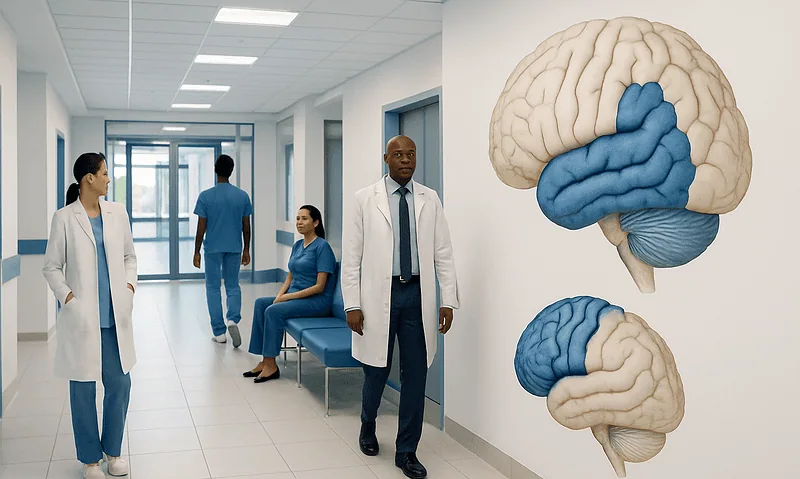 Medical team in hospital corridor with brain anatomy illustration on wall.
