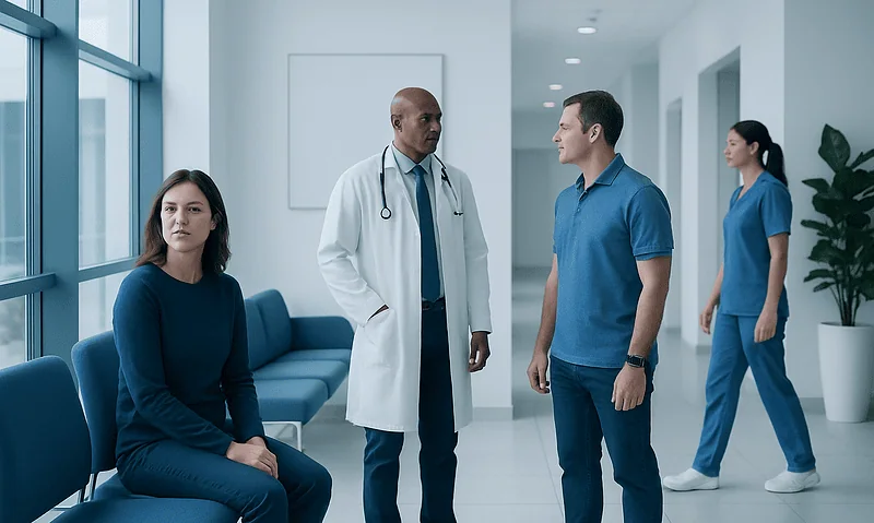 Medical consultation in a modern hospital corridor with diverse staff and patients.