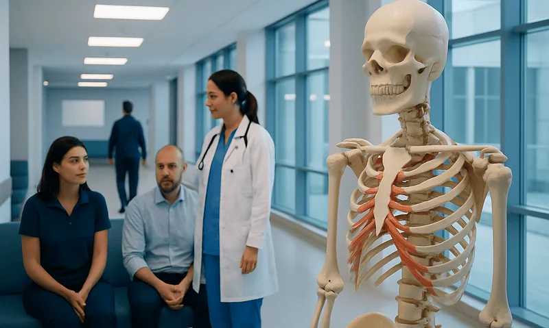 Medical professionals discussing with a patient in a hospital corridor with a skeleton model.