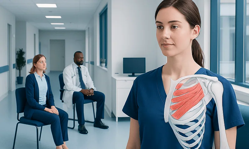 Medical professional with shoulder anatomy model in a clinical setting.