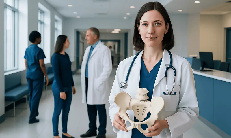 Female doctor holding pelvis model in hospital corridor with staff in background.