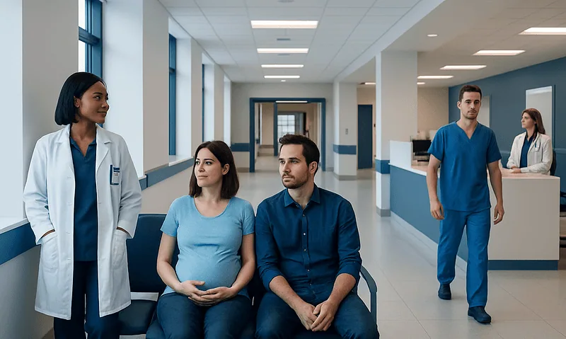 Medical team consulting pregnant woman in hospital corridor.