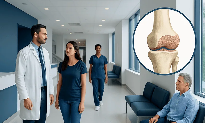 Orthopedic consultation with knee joint illustration in hospital corridor.