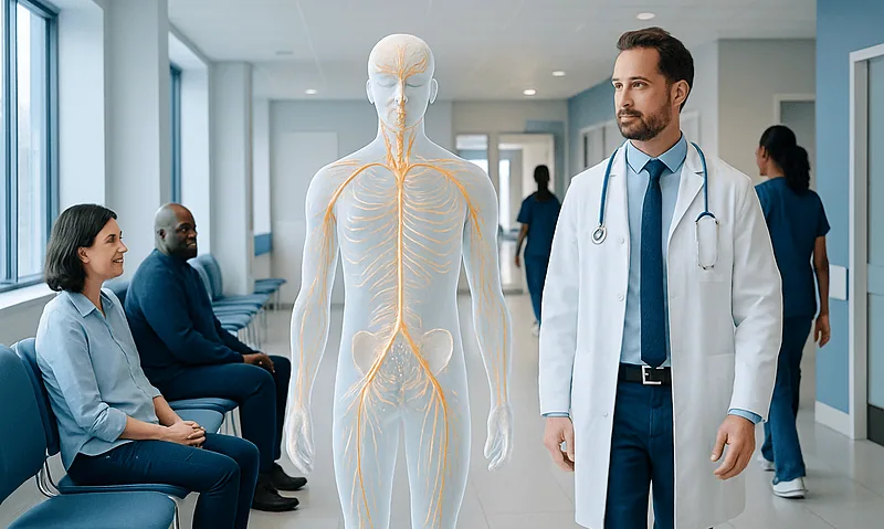 Doctor discussing peripheral nervous system with patients in hospital corridor.
