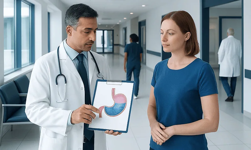 Doctor explaining gastric anatomy to a patient in hospital corridor.