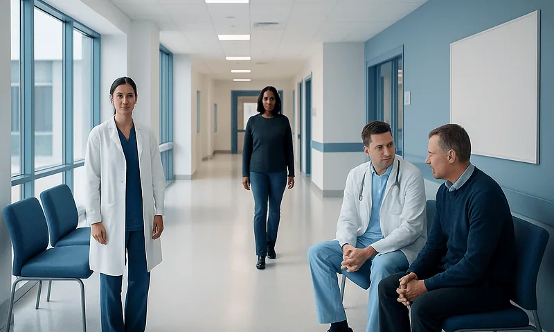 Medical staff and patient in hospital corridor at Acibadem Hospitals Group.