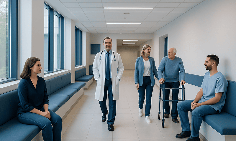 Healthcare professionals and patients in a hospital corridor.