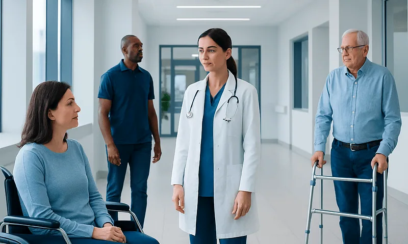 Medical consultation in hospital corridor with healthcare professionals and patient.