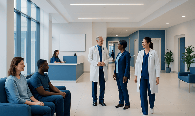 Medical team consulting patients in a modern hospital lobby.