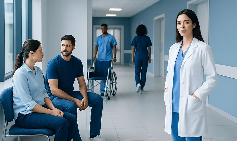 Healthcare professionals and patients in a hospital corridor at Acibadem Hospitals Group.