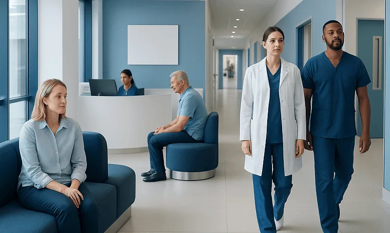 Hospital waiting area with patients and medical staff at Acibadem Hospitals Group.