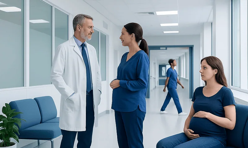 Doctor and pregnant woman talking in hospital corridor.