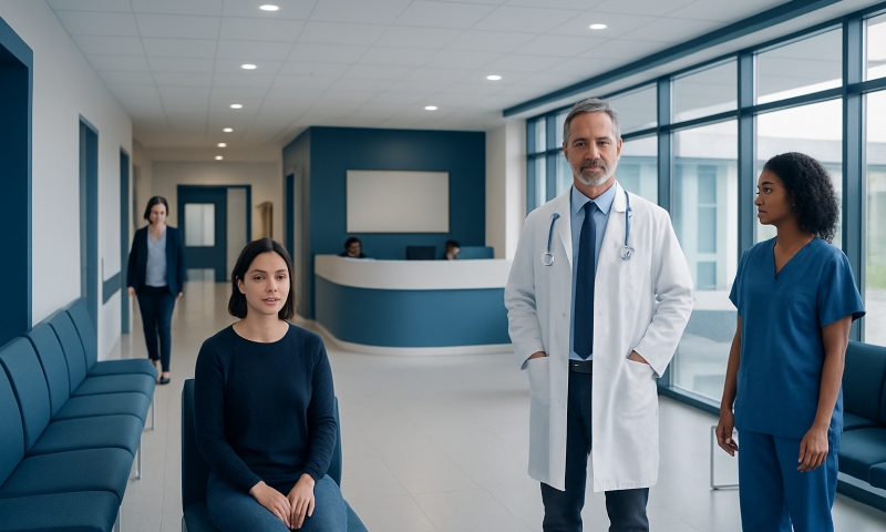 Medical consultation in a modern hospital with doctor and patients.