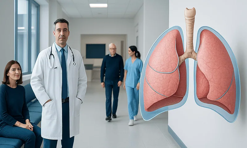 Medical team and a detailed lung diagram in a hospital corridor.