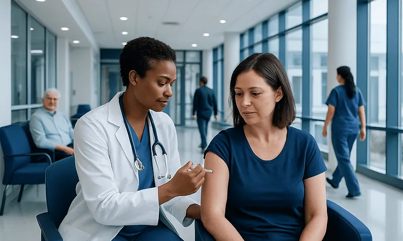 Healthcare professional administering vaccine to a woman in a hospital setting.