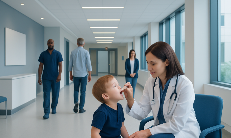 Pediatrician examining a young boy in a hospital corridor.