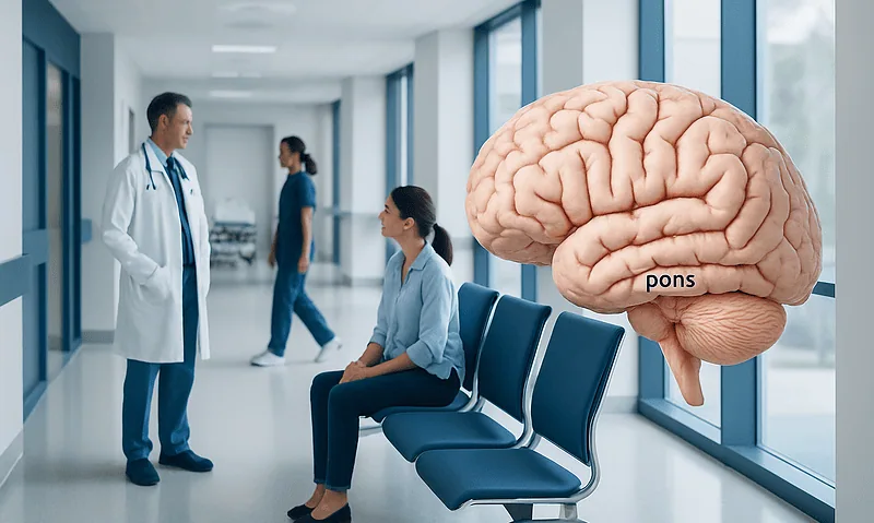 Doctor and patient discussing brain health in hospital corridor with brain illustration.