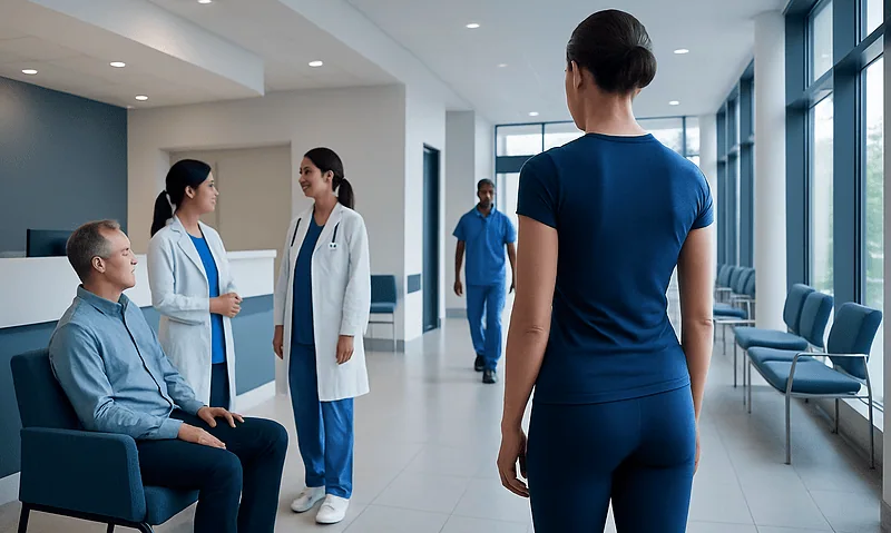 Patient waiting in hospital corridor with medical staff nearby.