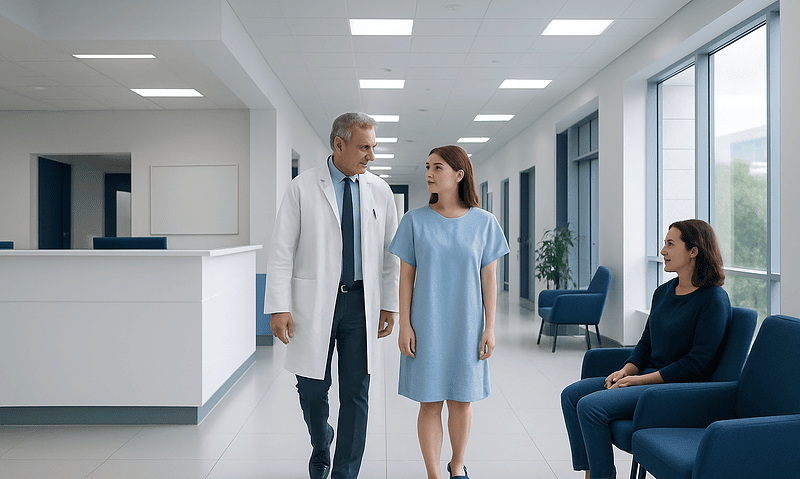 Doctor and patient walking in hospital corridor with visitor seated nearby.