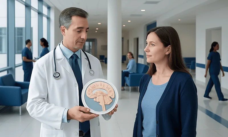 Doctor explaining pituitary gland model to a patient in hospital.